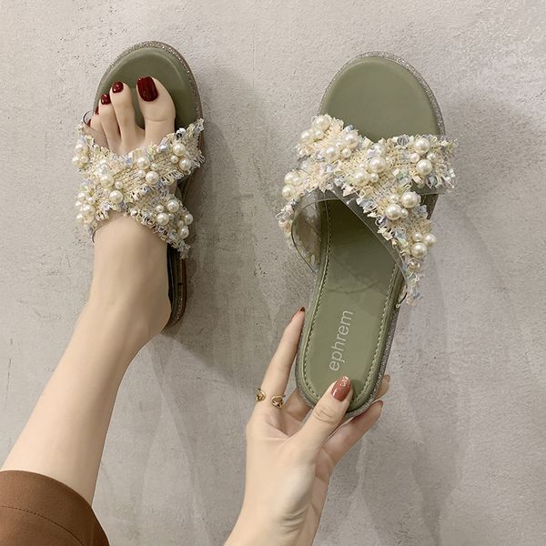 

slippers women summer low shoes string bead lady slides pantofle shale female beach flat soft girl 2020 sabot, Black