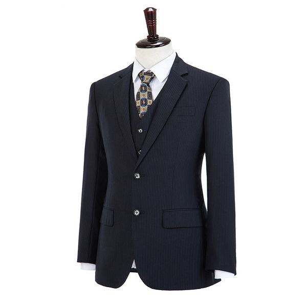 

custom made suit men's worsted wool navy blue stripe business suit slim fit terno masculino (jacket+pants+vest, White;black