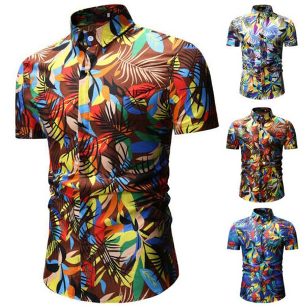 

2019 мужская лето hawaiian цветочные печати с коротким рукавом рубашки вскользь тонкий t-shirt, White;black