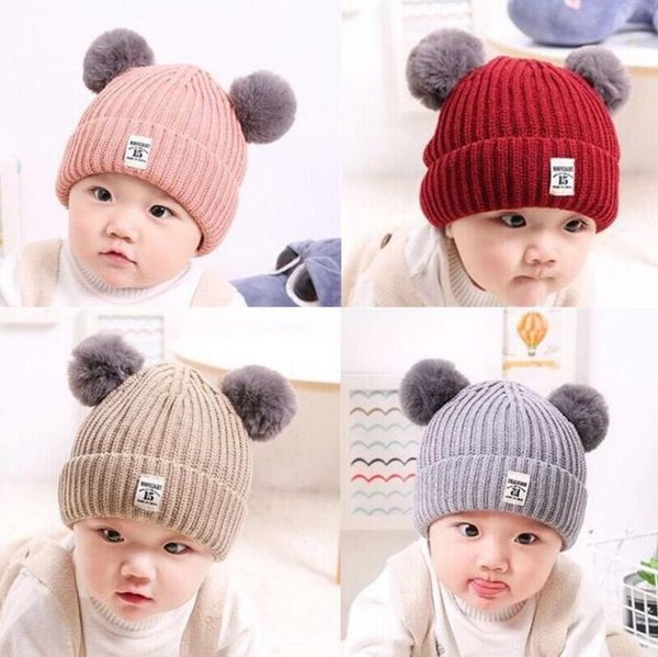 

autumn winter party hat children's double ball knitted hat boys girls cloth standard woolen cap baby baby warm new gifts