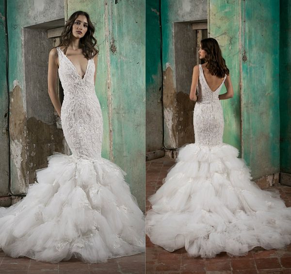 

2020 tiered skirts mermaid wedding dress v neck appliqued sequins sweep train backless wedding dress custom made vestidos de novia plus size, White