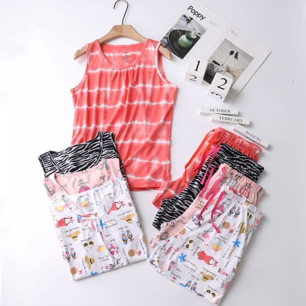 

2020 summer plus size pijamas female casual pajama sets ladies 100%cotton sleepwear suit women sleeveless vest shirt & shorts, Black;red
