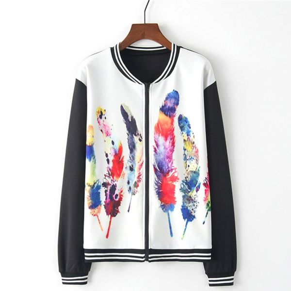 

fashion print bomber jacket women feather print zipper up casual coat autumn spring long sleeve basic short biker jackets female, Black;brown
