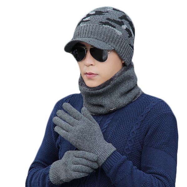 

3pcs set knitted plush hat gloves scarf set for men women winter fashion outdoor warm casual cap scarves gloves sets gift, Blue;gray
