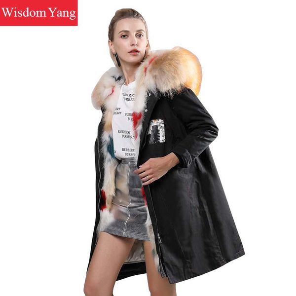 

winter warm cotton parka jacket coats womens real raccoon fur hooded liner long oversize parka jackets overcoat outerwear, Black