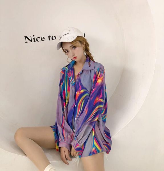 

spring and summer women's retro laser print loose lantern sleeve shirt, White