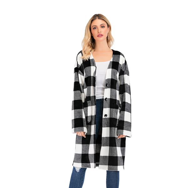

2019 new winter sweater cardigan models in europe and america hit the color plaid long sweater shawl jacket, White
