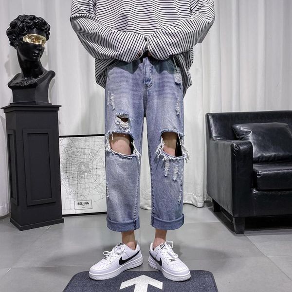 

2020 men's ripped loose fashion men's casual pants jeans, Black