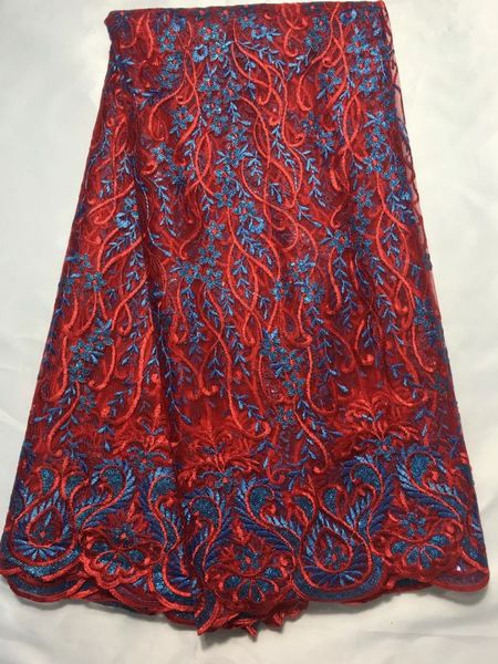 5 metri/pz tessuto di pizzo netto francese rosso dall'aspetto gradevole e pizzo africano ricamato blu per il vestito QN101-1