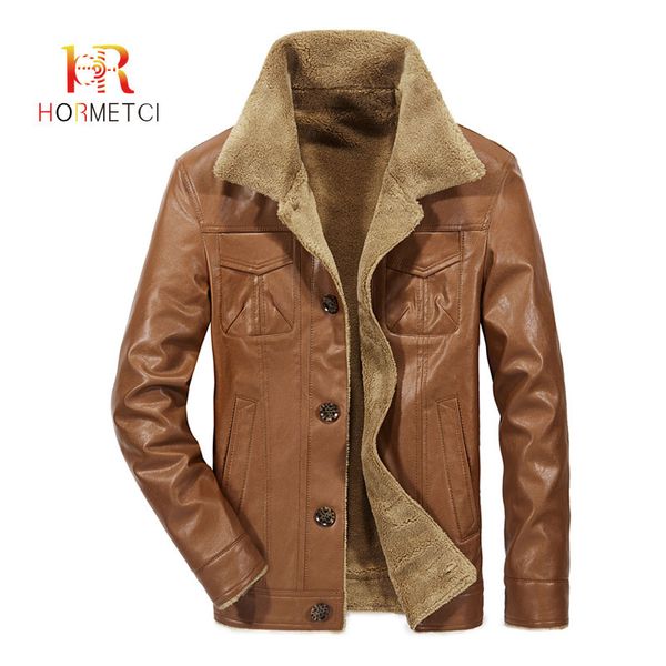 

hormetci 2019 men's clothing winter plus velvet thick men's leather jacket warm fur leather loose casual outerwear coats, Black;brown