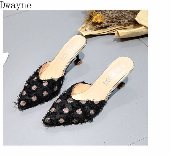 

mid heel baotou slippers women 2020 spring and summer new small heel shoes wild stiletto heels shallow mouth women's shoes half, Black