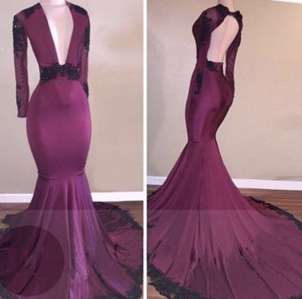 

plunging neck long sleeves mermaid prom dress, Black