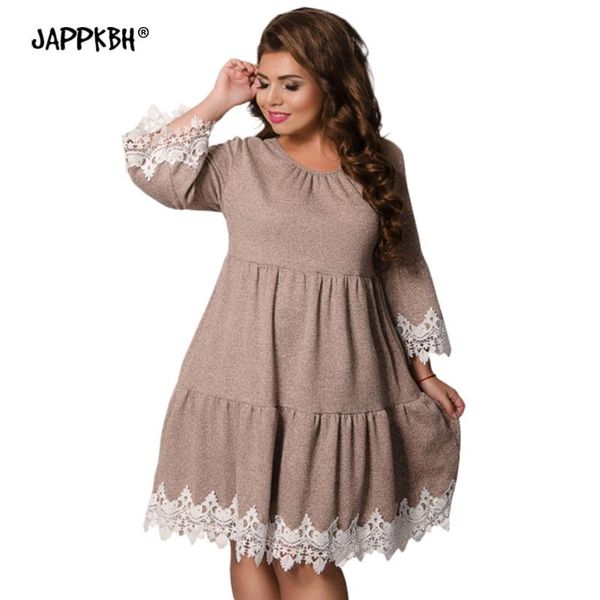 

casual dresses summer dress women 2021 plus size patchwork lace midi gray elegant a line o neck beach party 6xl, Black;gray