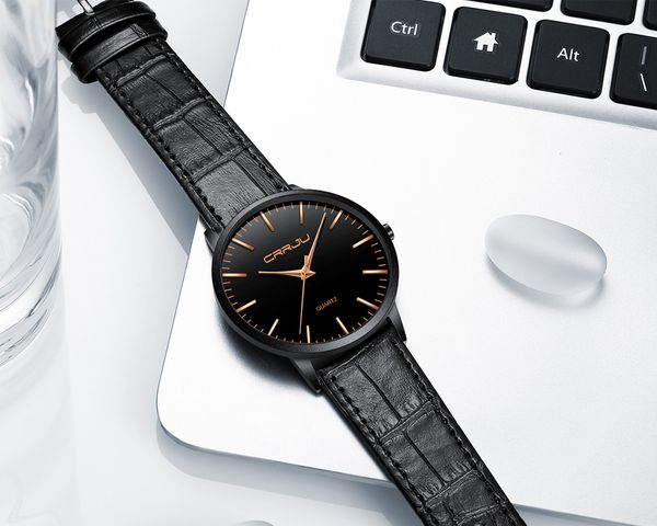 

2020 luxury mens watches crrju men ultra thin waterproof sport quartz wristwatch male slim leather strap clock reloj hombre, Slivery;brown