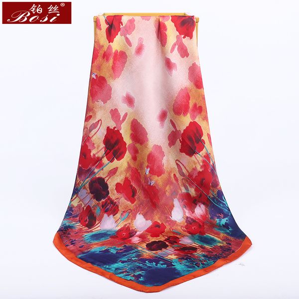 

bosi fashion scarf flowers print silk satin square scarf for women gradient multicolor print elegant red scarves ing, Blue;gray
