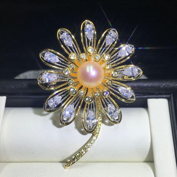 

zhboruini 2019 pearl brooch natural freshwater pearl big zircon sun flower brooch jewelry for women gift, Slivery;golden