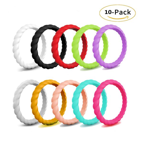 

10 color pack silicone wedding rings for women, thin braided rubber wedding bands stackable ring, hypoallergenic silicone, Slivery;golden