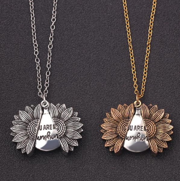 

новый подсолнечное сплава ожерелье гравировка письмо «you are my sunshine» choker open медальон i love you день шарм ожерелье женщины валент, Silver