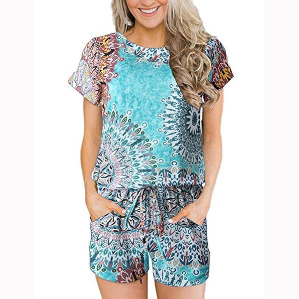 

bodysuit women round neck short sleeve print bandage pocket casual short jumpsuit playsuit with belt combinaison femme #5, Black;white