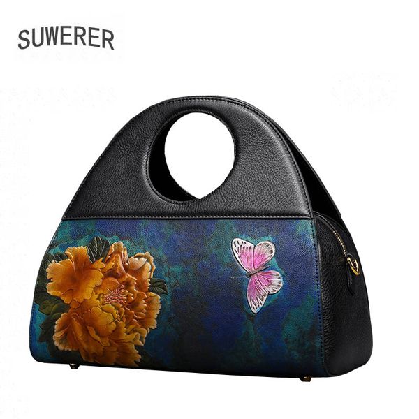 

suwerer 2020 new women genuine leather bag fahion embossed bag real cowhide handbag women leather handbags