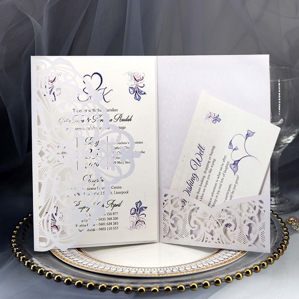 

1pcs blue white elegant laser cut wedding invitation cards greeting card customize business with rsvp cards decor party supplies