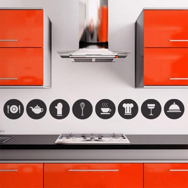 

8pcs cute kitchen decorative pictograms circle cooking tools vinyl diy wall sticker kitchen adhesive mural decal art home decor
