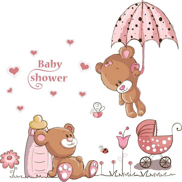 Cute Couple Bears Umbrella Wall Stickers For Kids Rooms Wall Decal Art Children Bedroom Decor Nursery Baby Shower Gift Sticker Decorations For Walls