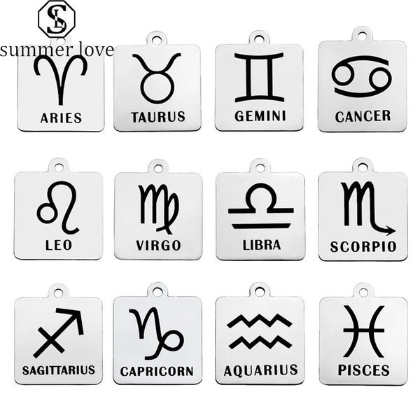 

trendy 304 stainless steel square shape 12 constellations zodiac charms silver bracelet necklace pendant accessories jewelry for women -y, Bronze;silver