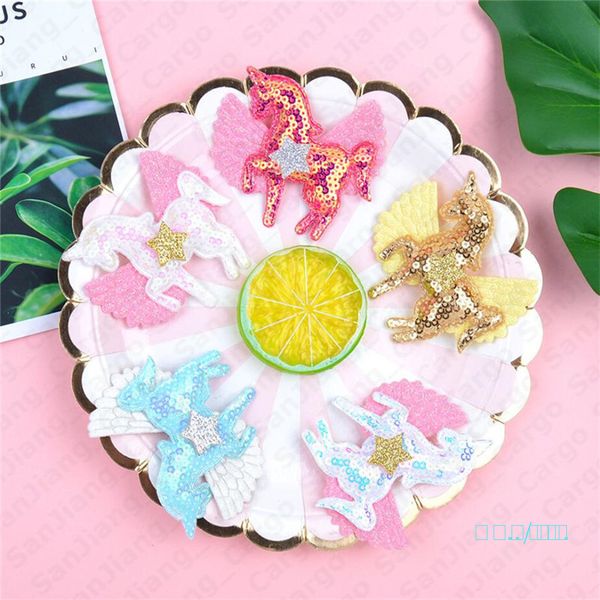 

2.9 inch baby girls unicorn hair clips bow hairpin colorful barrettes girl hair accessories sequins rainbow kids hair clipper 8 colors e5406, Slivery;white