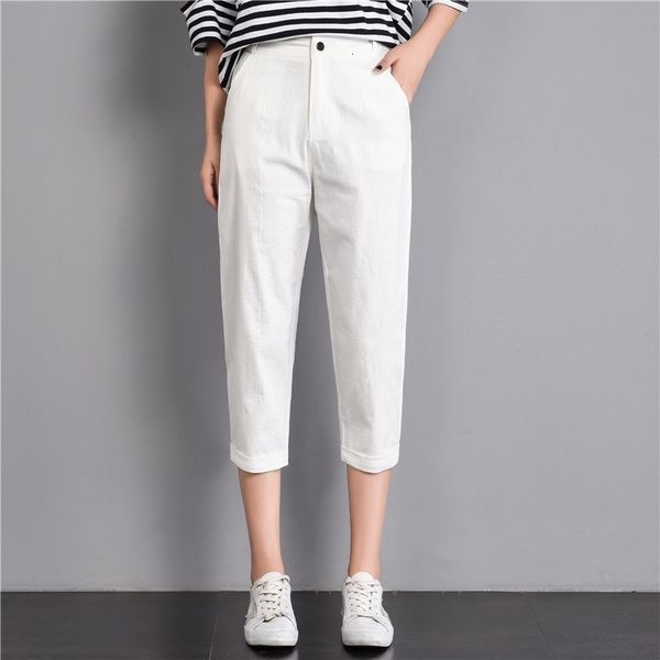 

women summer harem pants cotton linen trousers lady casual elastic waist loose capri pants for female plus size 3xl, Black;white