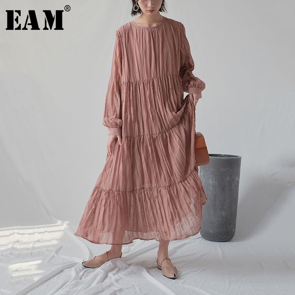 

eam] 2020 new autumn winter round neck long sleeve white loose long pleated chiffon cake long dress women fashion tide jr170, Black;pink