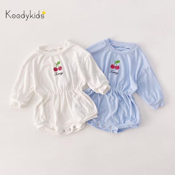 

koodykids 2020 spring autumn baby girl white bodysuits cherry printed rompers summer toddler girl clothes korean style casual, Blue