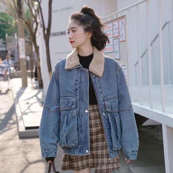 

denim jacket with fur turn-down collar fleece velvet inner thicken warm winter coat women female girl zipper parka coat outwear, Black