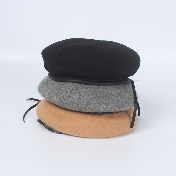 

hat female japanese leather wool beret korean version of the wild autumn and winter new solid color to keep warm, Blue;gray