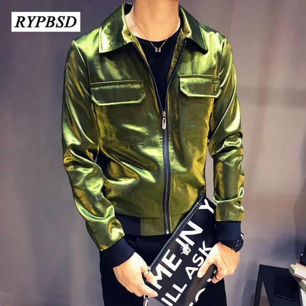 

bomber jacket men shiny silver black blue autumn new fashion zipper handsome party stage costume men streetwear coat sale, Black;brown