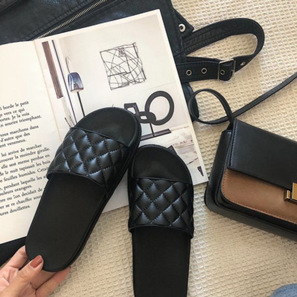 

thin strips fashion wear slippers female summer net red ins wind wild simple rhombic thick bottom anti-slip sandals beach, Black