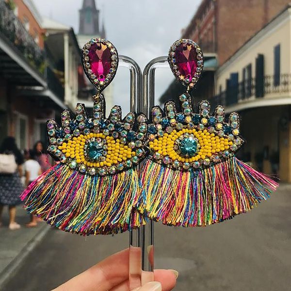 

lady bohemian beaded eyes tassel earrings for women unique design wedding jewelry handmade colorful fringed drop earrings, Silver
