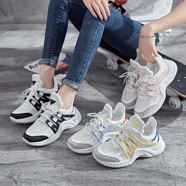 

ins supershoes womens shoes big size daddy spring new style laceup and color matching leisure sports 2019, Black