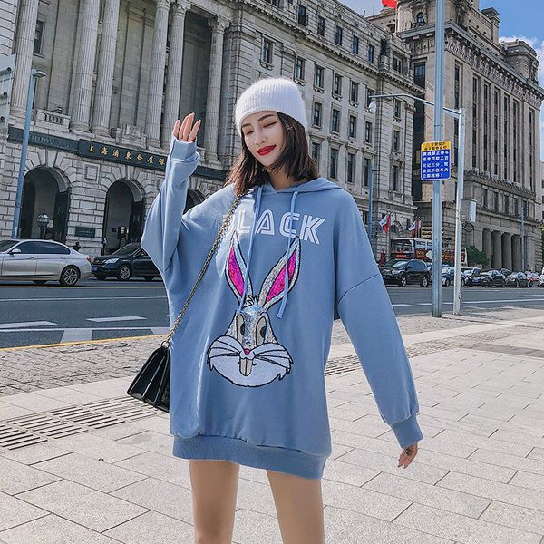 

hoodie women's 2018 spring and autumn new style long sleeve korean-style loose autumn hooded middle long coat plus velvet, Black