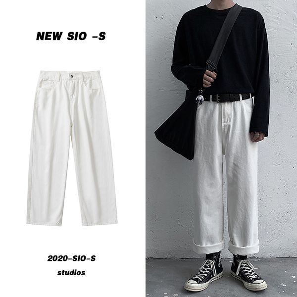 

men's jeans blue white straight fashion washed casual retro pants men streetwear wild loose hip hop denim trousers -2xl