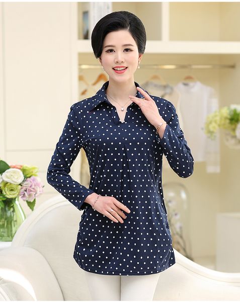 

2019 spring t shirt women cotton long-sleeved turndown collar casual plus size 40-50 years old mother & tees t377, White