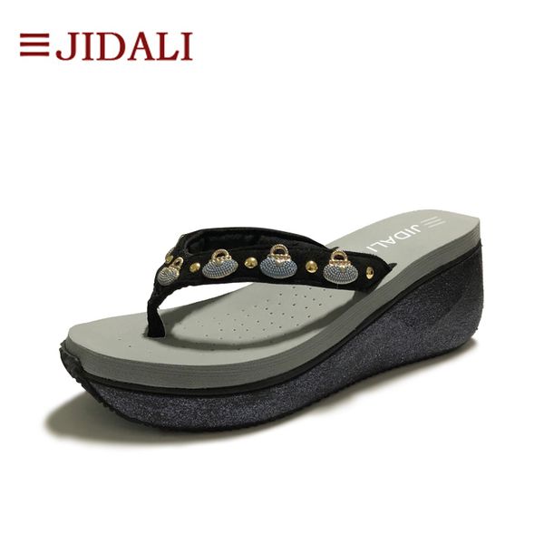 

jidali fashion shoes women flip flop 7cm high wedges eva blue wallets bling outside sport platform sandals size 35-39, Black