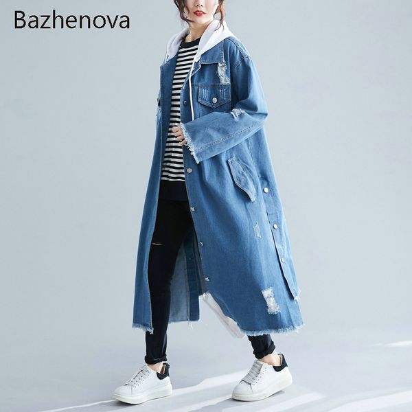 

women's trench coats bazhenova woman long coat women denim hole loose hooded windbreaker girls autumn solid color spliced jeckets ladie, Tan;black