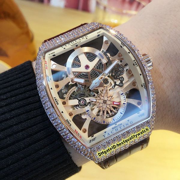 

luxry men's collection vanguard v 45 s6 sqt nr br (nr) skeleton dial diamond case automatic mens watch brown leather band, Slivery;brown