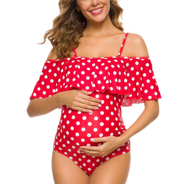 

maternity swimwear womens bikinis tankini one piece off shoulder ruffles summer pregnant swimsuits polka dot pregnancy beachwear, White