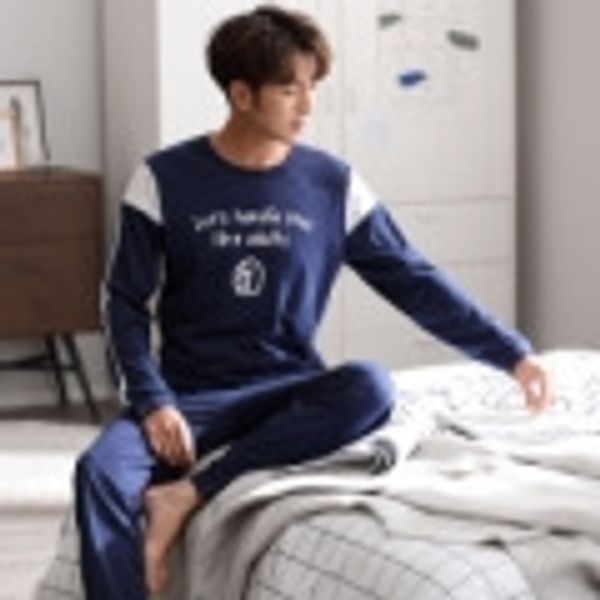 

autumn a variety clothes set pullover home suit of men's pajamas long sleeve casual pullover home clothes set 6535 cotton l-3xl 15, Blue;red