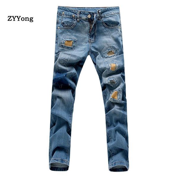 

2020 new fashion boutique stretch casual patch mens jeans skinny jeans men straight mens denim male stretch trouser, Blue