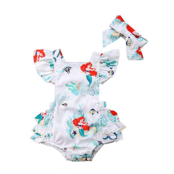 

fashion newborn baby girls mermaid floral bodysuit jumpsuit backless headband outfits set sunsuit, Blue