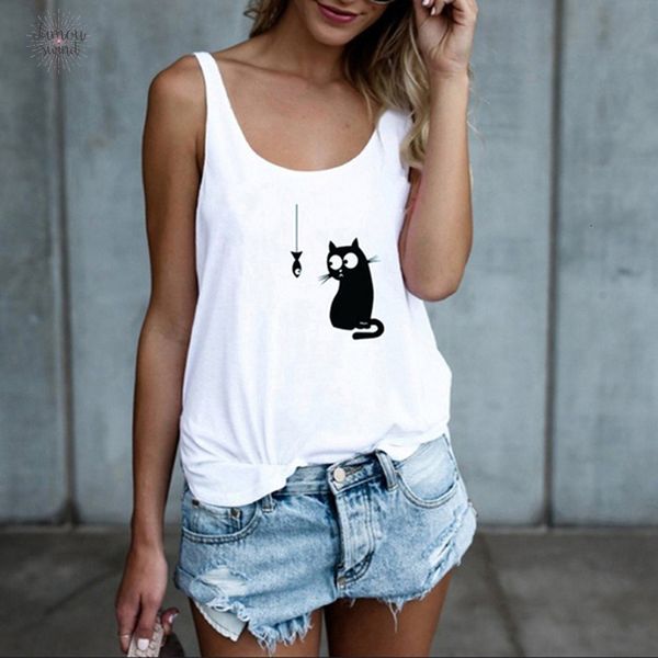 

summer womens white tank t ladies cute cat print casual vest female white o neck shirts camisole camis