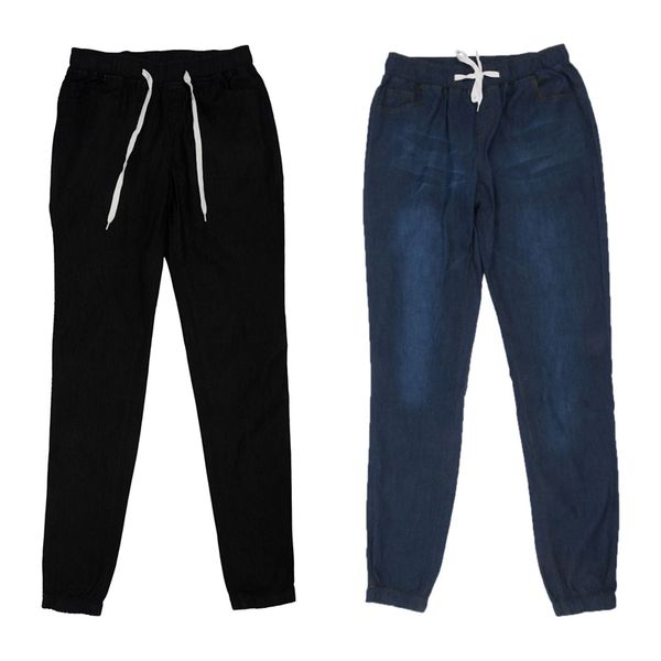 

2pcs women casual jogger pants drawstring elastic waisted jeans solid ladies denim pants - black  & dark blue l
